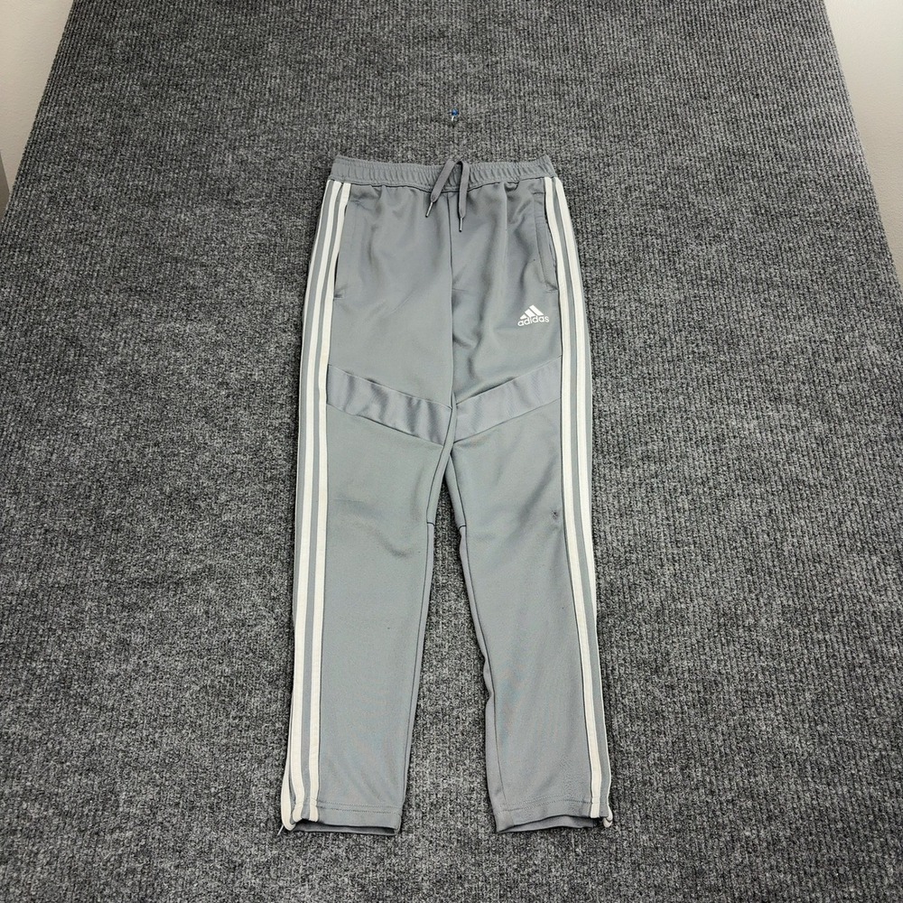 Adidas Track Pants Youth M Grey Polyester Three Stripe Zipper Hem Athletic Sport